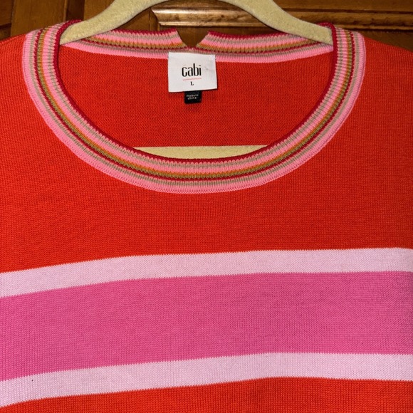 Cabi 6168 Womens Cadet Pullover Sweater Sz L Pink Orange Stripe Cotton Preppy - Picture 2 of 6